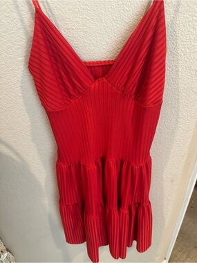 SHEIN Red Ribbed Spaghetti Strap Tiered Mini Dress